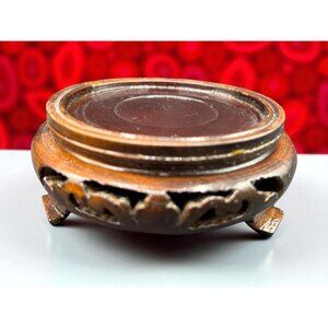 Vintage Chinese Carved Wood Vase or Bowl Stand 4" Diameter 3 legs